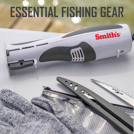 Smith's Lawaia Electric Fillet Knife 51233-2 Removable 8” Serrated Stainless Steel Blades w/Sheath - Fillet Glove & Mesh Storage Bag - Fishing, Outdoor, Hunting Electric Knife - 6 ft Power Cord, White