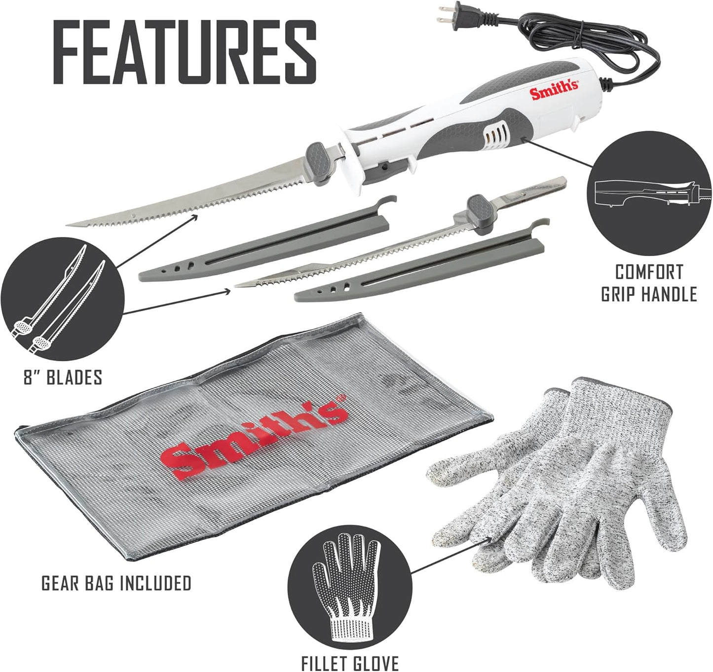 Smith's Lawaia Electric Fillet Knife 51233-2 Removable 8” Serrated Stainless Steel Blades w/Sheath - Fillet Glove & Mesh Storage Bag - Fishing, Outdoor, Hunting Electric Knife - 6 ft Power Cord, White
