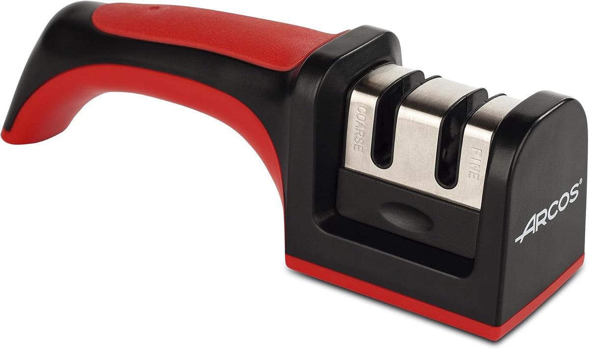 Sharpeners Manual Knife Sharpener tool. Made of ABS + TPE. Carbide and Ceramic Rollers. Keep Your Knives Razor Sharp. Black and Red Color