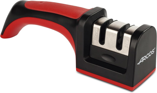 Sharpeners Manual Knife Sharpener tool. Made of ABS + TPE. Carbide and Ceramic Rollers. Keep Your Knives Razor Sharp. Black and Red Color