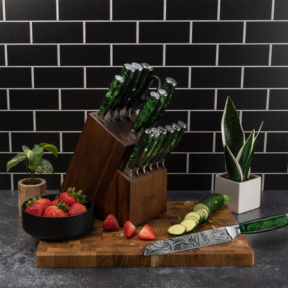 SENKEN Engraved Japanese Kitchen Knife Set with Beautiful Green Resin Wood Handles - Wasabi Collection - Chef's Knife, Bread, Cleaver, Paring, & More (16-Piece Knife Block Set)