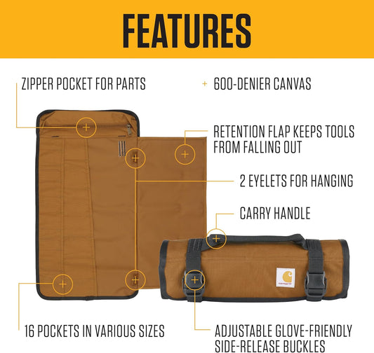 Utility Roll Organizer, Durable, Water-Resistant Tool Roll, Brown, 16 Pocket