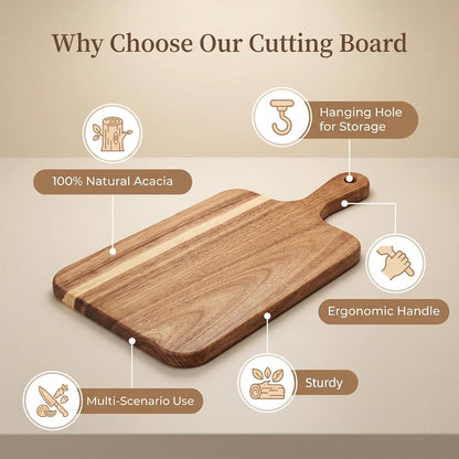 Acacia Wood Cutting Board with Handle 13.7''X7'', Charcuterie Board, Serving Board for Cheese, Bread, Meat, Vegetables & Fruits, Natural Wooden Chopping Board for Kitchen