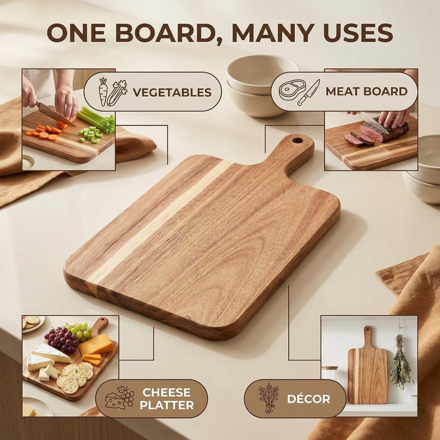 Acacia Wood Cutting Board with Handle 13.7''X7'', Charcuterie Board, Serving Board for Cheese, Bread, Meat, Vegetables & Fruits, Natural Wooden Chopping Board for Kitchen