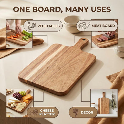 Acacia Wood Cutting Board with Handle 13.7''X7'', Charcuterie Board, Serving Board for Cheese, Bread, Meat, Vegetables & Fruits, Natural Wooden Chopping Board for Kitchen