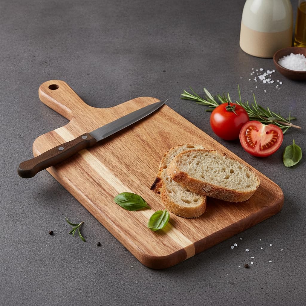 Acacia Wood Cutting Board with Handle 13.7''X7'', Charcuterie Board, Serving Board for Cheese, Bread, Meat, Vegetables & Fruits, Natural Wooden Chopping Board for Kitchen