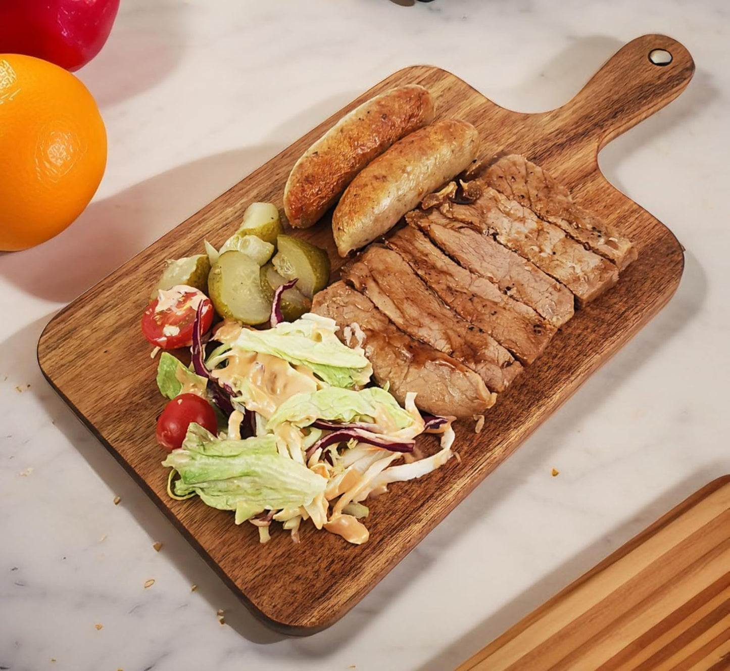 Acacia Wood Cutting Board with Handle 13.7''X7'', Charcuterie Board, Serving Board for Cheese, Bread, Meat, Vegetables & Fruits, Natural Wooden Chopping Board for Kitchen