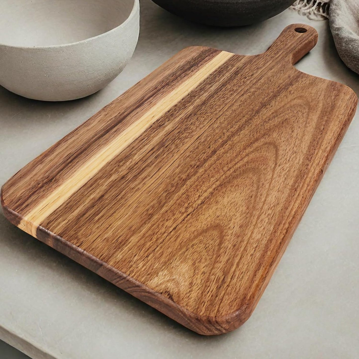 Acacia Wood Cutting Board with Handle 13.7''X7'', Charcuterie Board, Serving Board for Cheese, Bread, Meat, Vegetables & Fruits, Natural Wooden Chopping Board for Kitchen