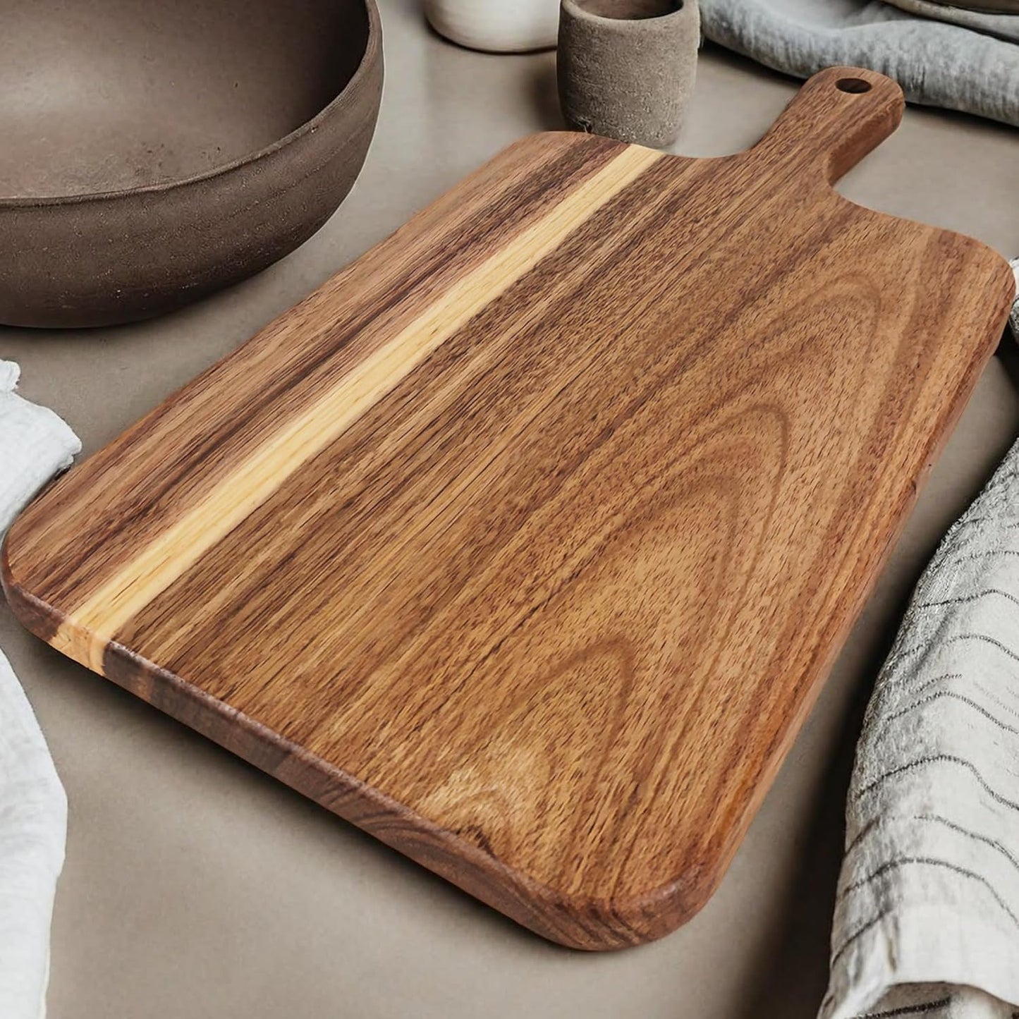 Acacia Wood Cutting Board with Handle 13.7''X7'', Charcuterie Board, Serving Board for Cheese, Bread, Meat, Vegetables & Fruits, Natural Wooden Chopping Board for Kitchen