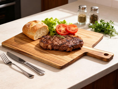 Acacia Wood Cutting Board with Handle 13.7''X7'', Charcuterie Board, Serving Board for Cheese, Bread, Meat, Vegetables & Fruits, Natural Wooden Chopping Board for Kitchen