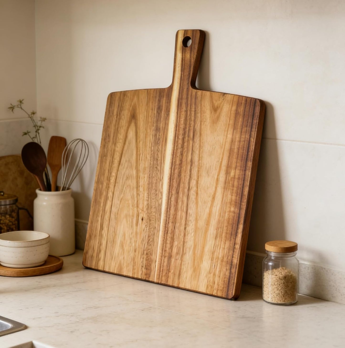 Acacia Wood Cutting Board with Handle 13.7''X7'', Charcuterie Board, Serving Board for Cheese, Bread, Meat, Vegetables & Fruits, Natural Wooden Chopping Board for Kitchen