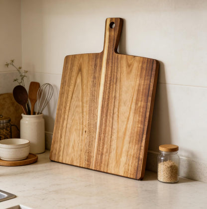 Acacia Wood Cutting Board with Handle 13.7''X7'', Charcuterie Board, Serving Board for Cheese, Bread, Meat, Vegetables & Fruits, Natural Wooden Chopping Board for Kitchen