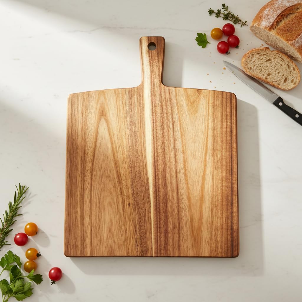 Acacia Wood Cutting Board with Handle 13.7''X7'', Charcuterie Board, Serving Board for Cheese, Bread, Meat, Vegetables & Fruits, Natural Wooden Chopping Board for Kitchen