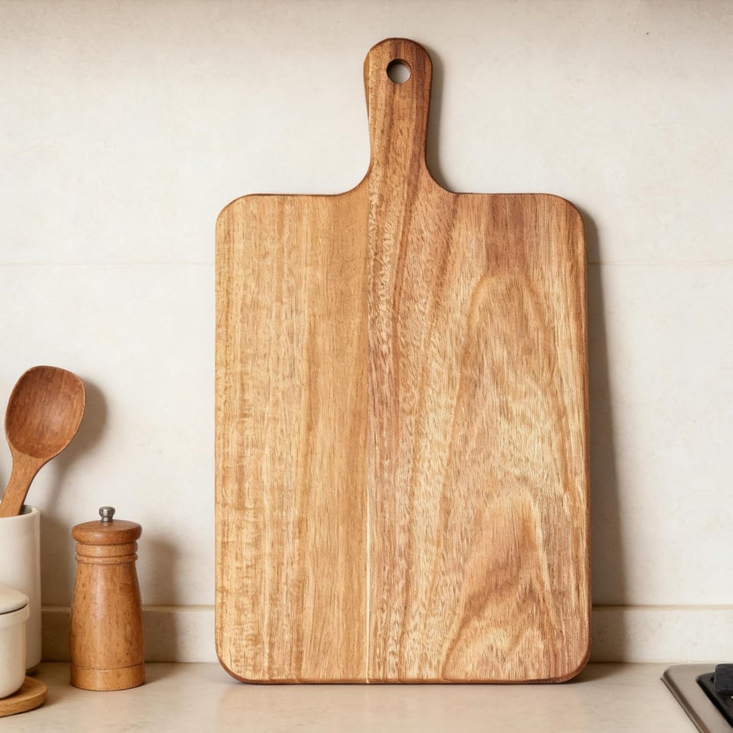 Acacia Wood Cutting Board with Handle 13.7''X7'', Charcuterie Board, Serving Board for Cheese, Bread, Meat, Vegetables & Fruits, Natural Wooden Chopping Board for Kitchen