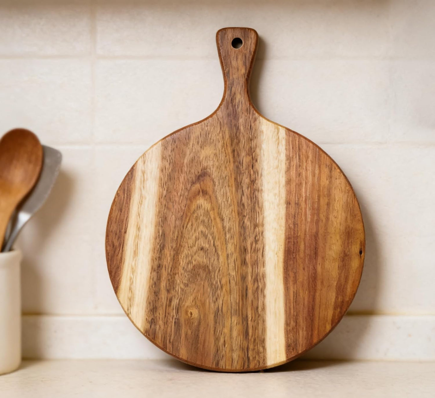 Acacia Wood Cutting Board with Handle 13.7''X7'', Charcuterie Board, Serving Board for Cheese, Bread, Meat, Vegetables & Fruits, Natural Wooden Chopping Board for Kitchen