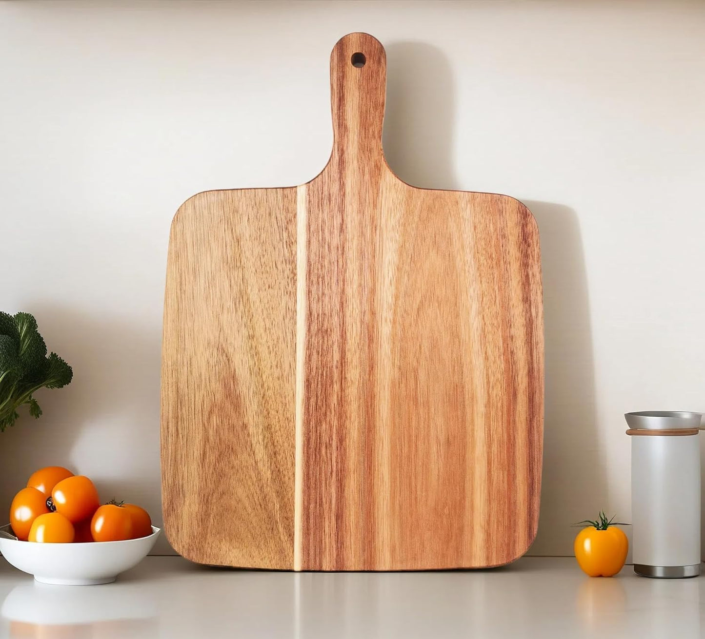 Acacia Wood Cutting Board with Handle 13.7''X7'', Charcuterie Board, Serving Board for Cheese, Bread, Meat, Vegetables & Fruits, Natural Wooden Chopping Board for Kitchen