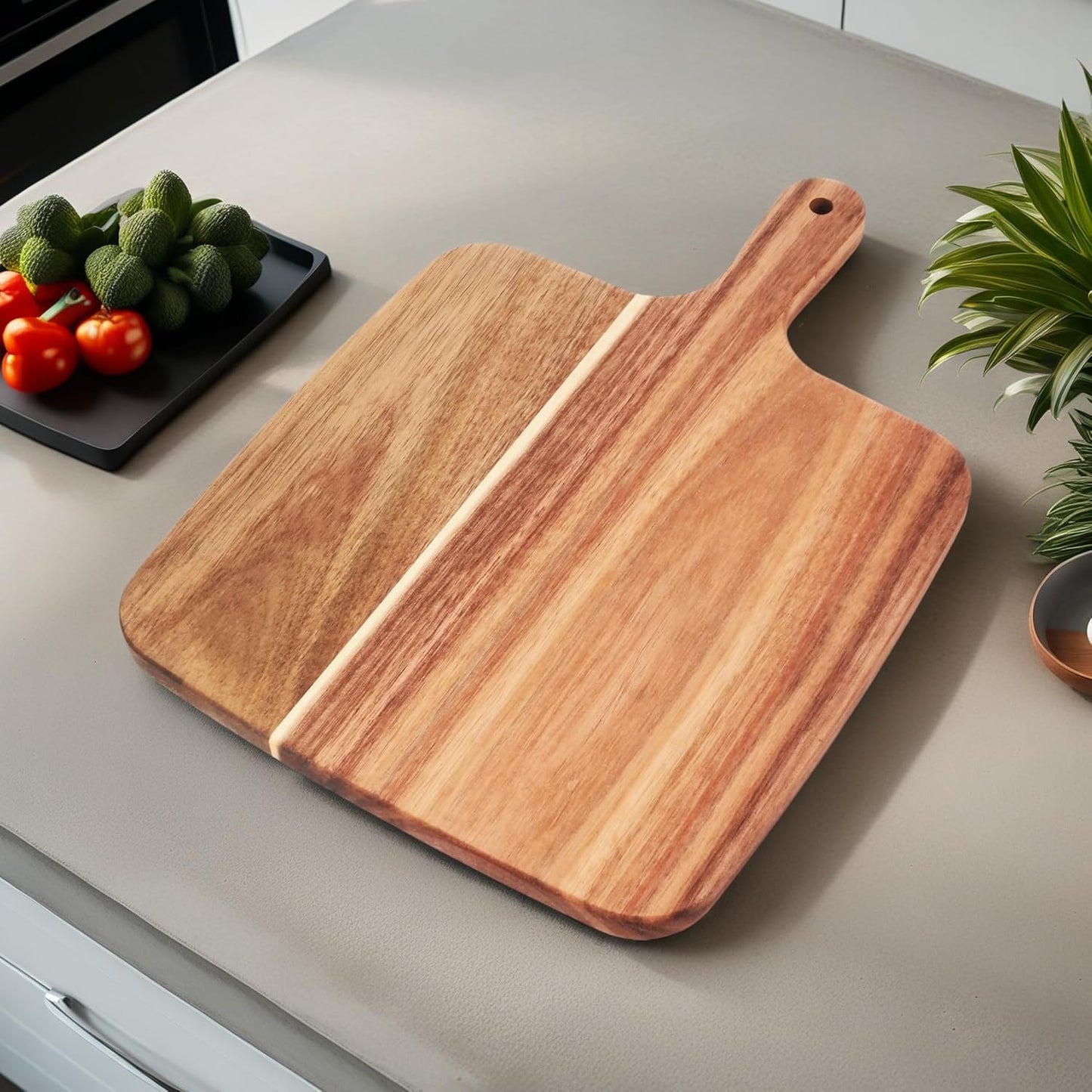 Acacia Wood Cutting Board with Handle 13.7''X7'', Charcuterie Board, Serving Board for Cheese, Bread, Meat, Vegetables & Fruits, Natural Wooden Chopping Board for Kitchen