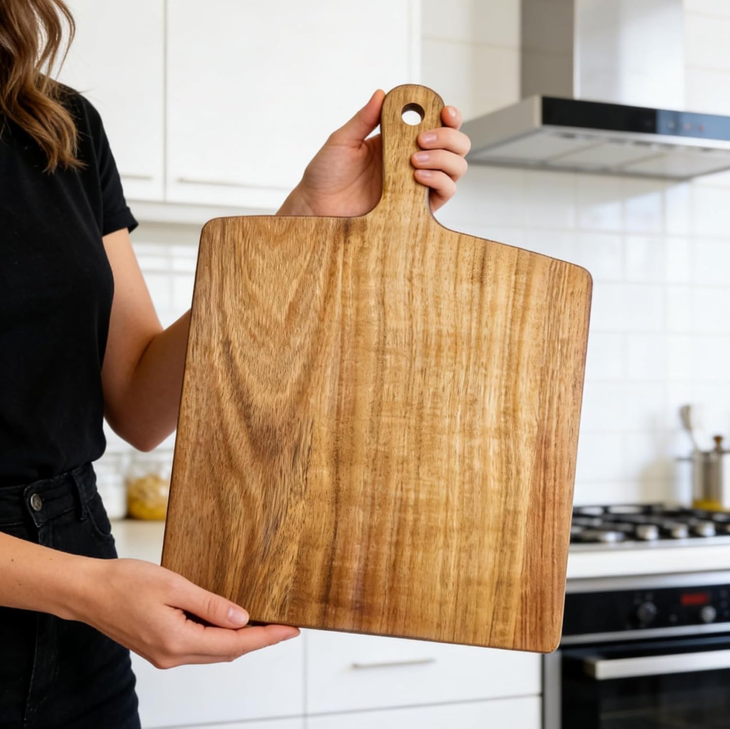 Acacia Wood Cutting Board with Handle 13.7''X7'', Charcuterie Board, Serving Board for Cheese, Bread, Meat, Vegetables & Fruits, Natural Wooden Chopping Board for Kitchen