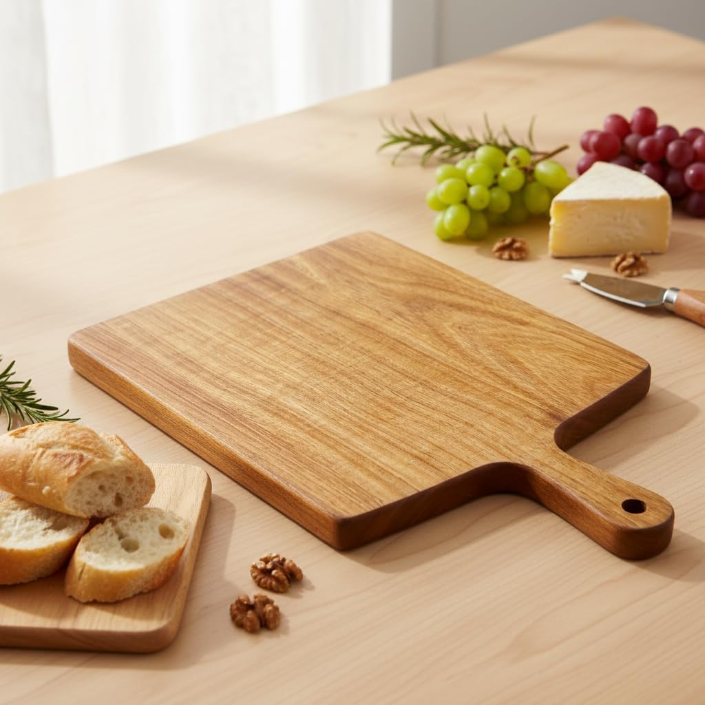 Acacia Wood Cutting Board with Handle 13.7''X7'', Charcuterie Board, Serving Board for Cheese, Bread, Meat, Vegetables & Fruits, Natural Wooden Chopping Board for Kitchen