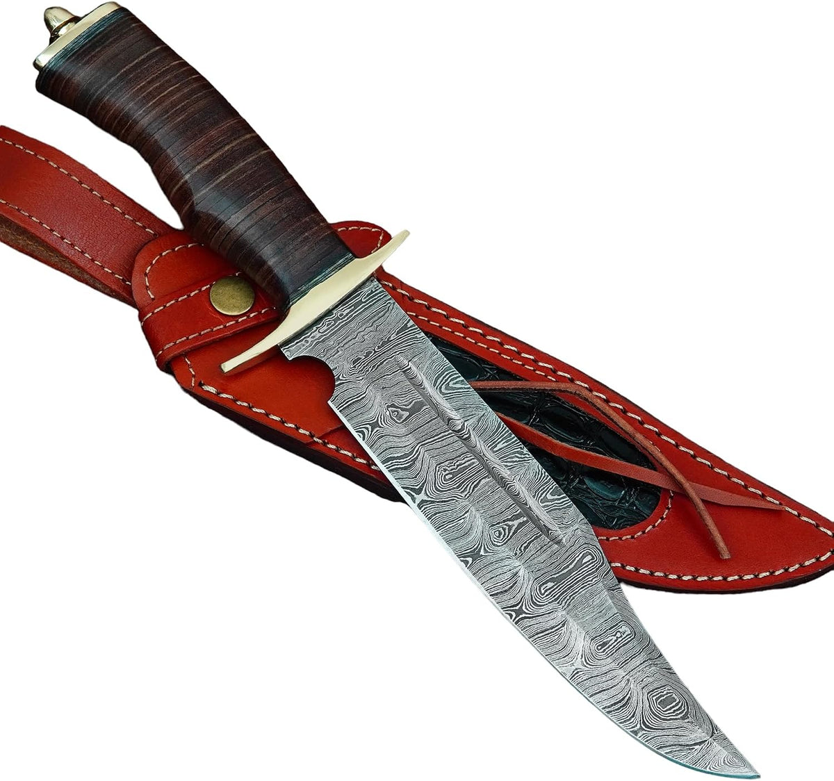 Poshland REG-734, Handmade Damascus Steel 13.5 Inches Hunting Knife - Rose Wood/Leather Handle