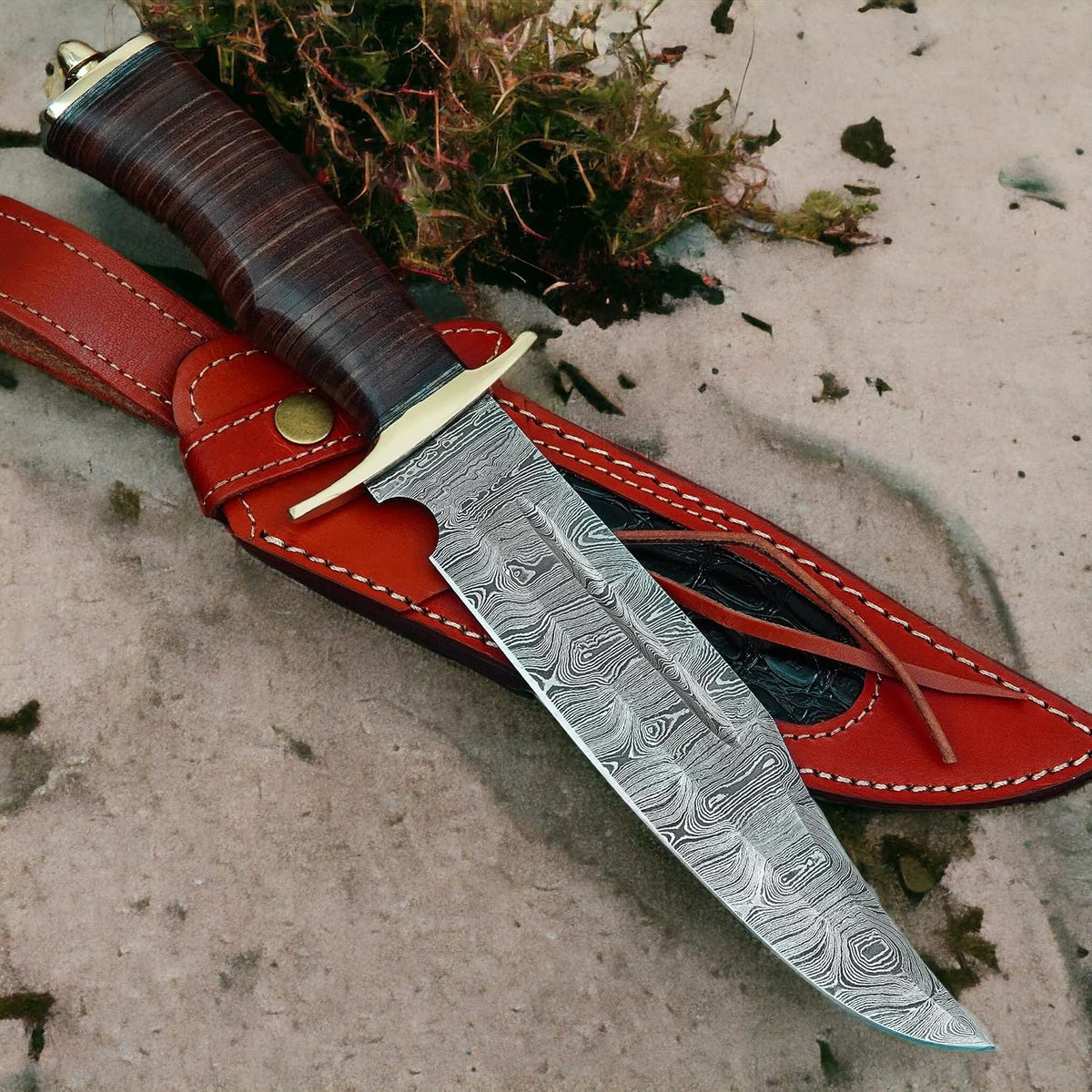 Poshland REG-734, Handmade Damascus Steel 13.5 Inches Hunting Knife - Rose Wood/Leather Handle