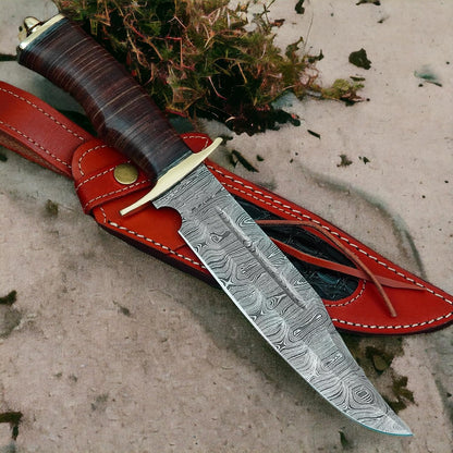 Poshland REG-734, Handmade Damascus Steel 13.5 Inches Hunting Knife - Rose Wood/Leather Handle