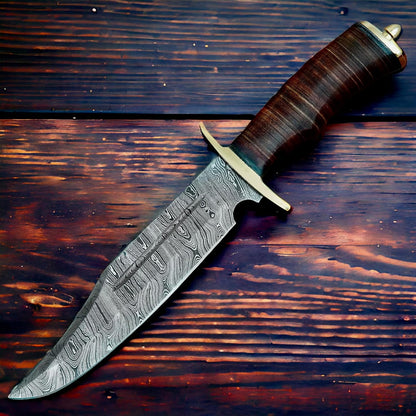 Poshland REG-734, Handmade Damascus Steel 13.5 Inches Hunting Knife - Rose Wood/Leather Handle