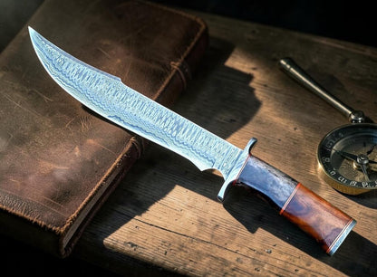 Poshland REG-734, Handmade Damascus Steel 13.5 Inches Hunting Knife - Rose Wood/Leather Handle