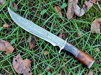 Poshland REG-734, Handmade Damascus Steel 13.5 Inches Hunting Knife - Rose Wood/Leather Handle
