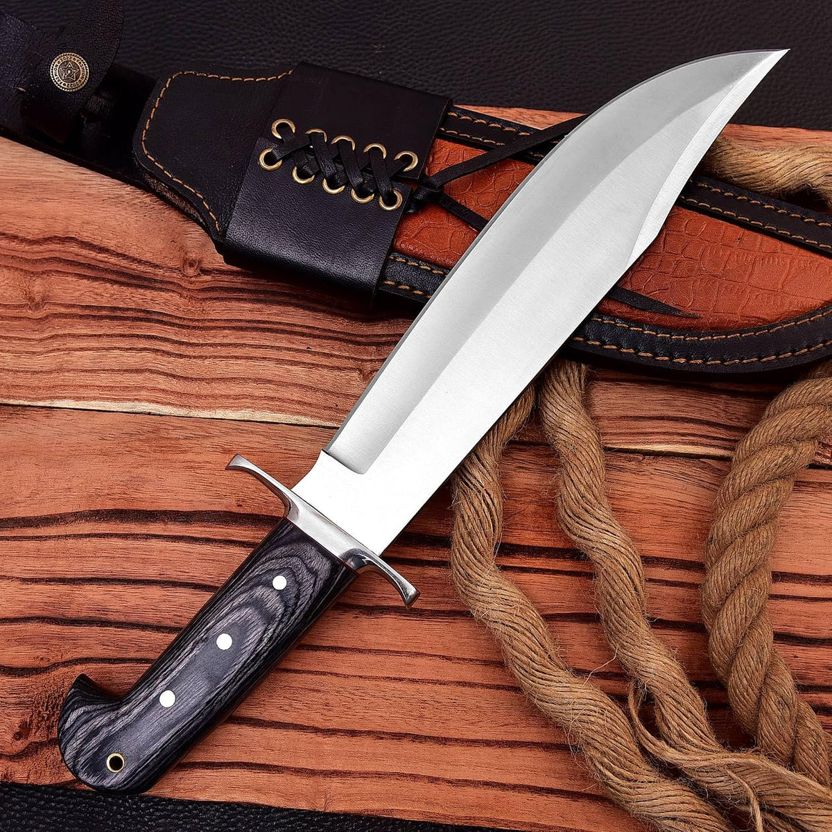 Poshland REG-734, Handmade Damascus Steel 13.5 Inches Hunting Knife - Rose Wood/Leather Handle