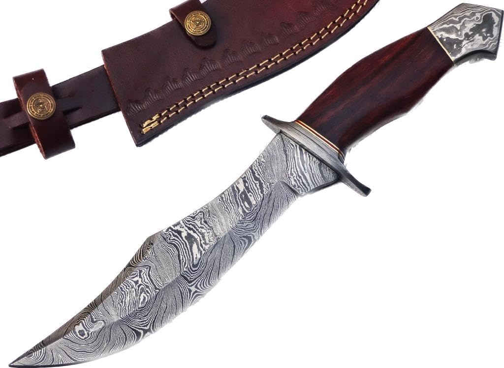 Poshland REG-734, Handmade Damascus Steel 13.5 Inches Hunting Knife - Rose Wood/Leather Handle