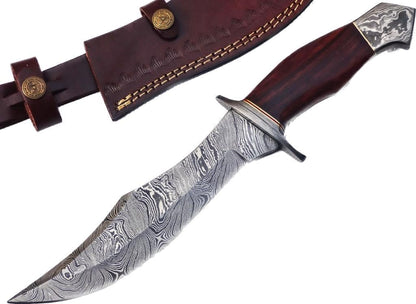 Poshland REG-734, Handmade Damascus Steel 13.5 Inches Hunting Knife - Rose Wood/Leather Handle