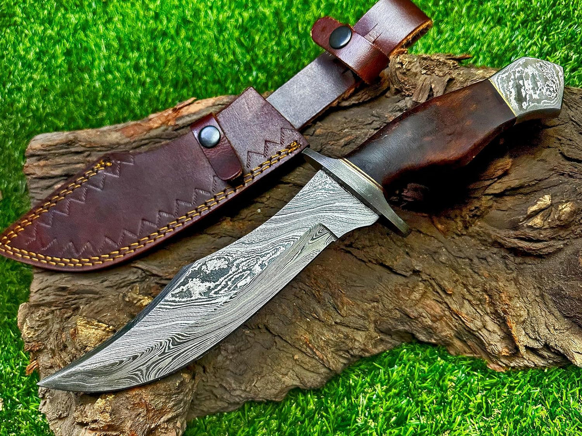 Poshland REG-734, Handmade Damascus Steel 13.5 Inches Hunting Knife - Rose Wood/Leather Handle