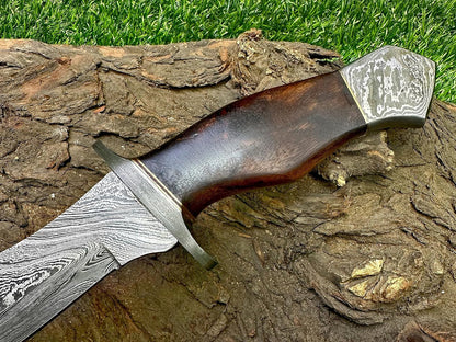 Poshland REG-734, Handmade Damascus Steel 13.5 Inches Hunting Knife - Rose Wood/Leather Handle