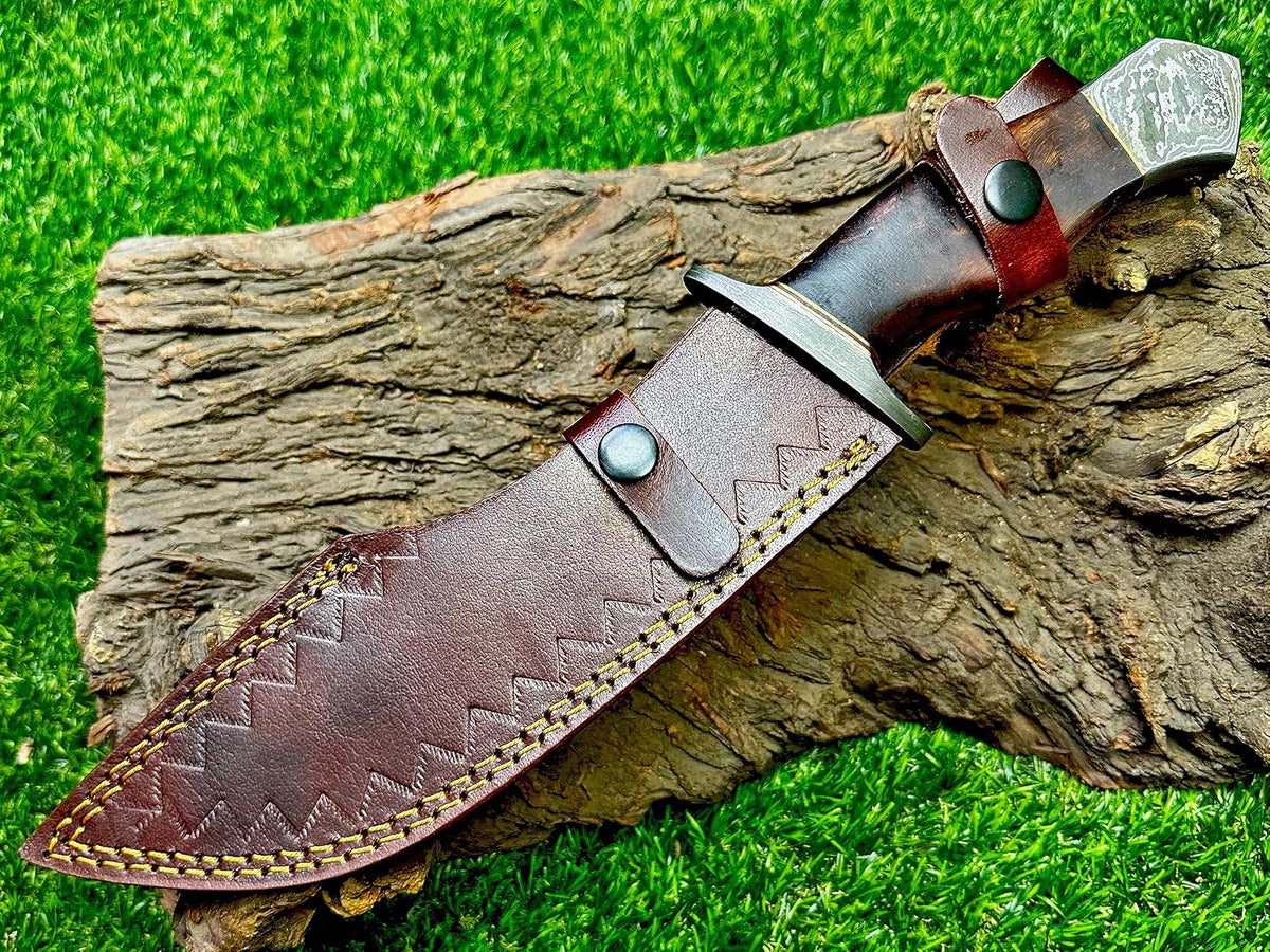 Poshland REG-734, Handmade Damascus Steel 13.5 Inches Hunting Knife - Rose Wood/Leather Handle