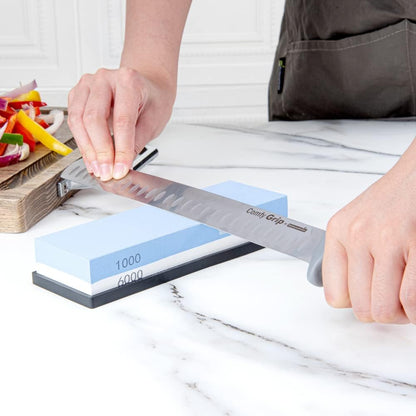 Sensei 7.1 x 2.3 x 1.1 Inch Kitchen Knife Whetstone 1 Durable Knife Sharpening Base - Silicone Holder 1000/6000 Grit Corundum Sharpening Stone For Kitchen Knives For Any Blade