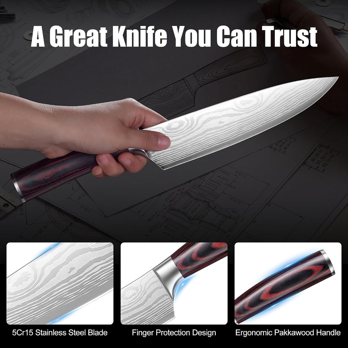 Chef Knife, 8 Inch High Carbon Stainless Steel Sharp Kitchen Knife with Ergonomic Handle, Gift Box for Family & Restaurant