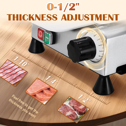 Meat Slicer Machine, 10" 240W Electric Deli Meat Cheese Food Slicer, 0-1/2" Adjustable Thickness Semi-Auto Frozen Meat Slicer for Home & Commercial, Copper Motor Low Noise Durable