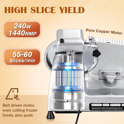Meat Slicer Machine, 10" 240W Electric Deli Meat Cheese Food Slicer, 0-1/2" Adjustable Thickness Semi-Auto Frozen Meat Slicer for Home & Commercial, Copper Motor Low Noise Durable