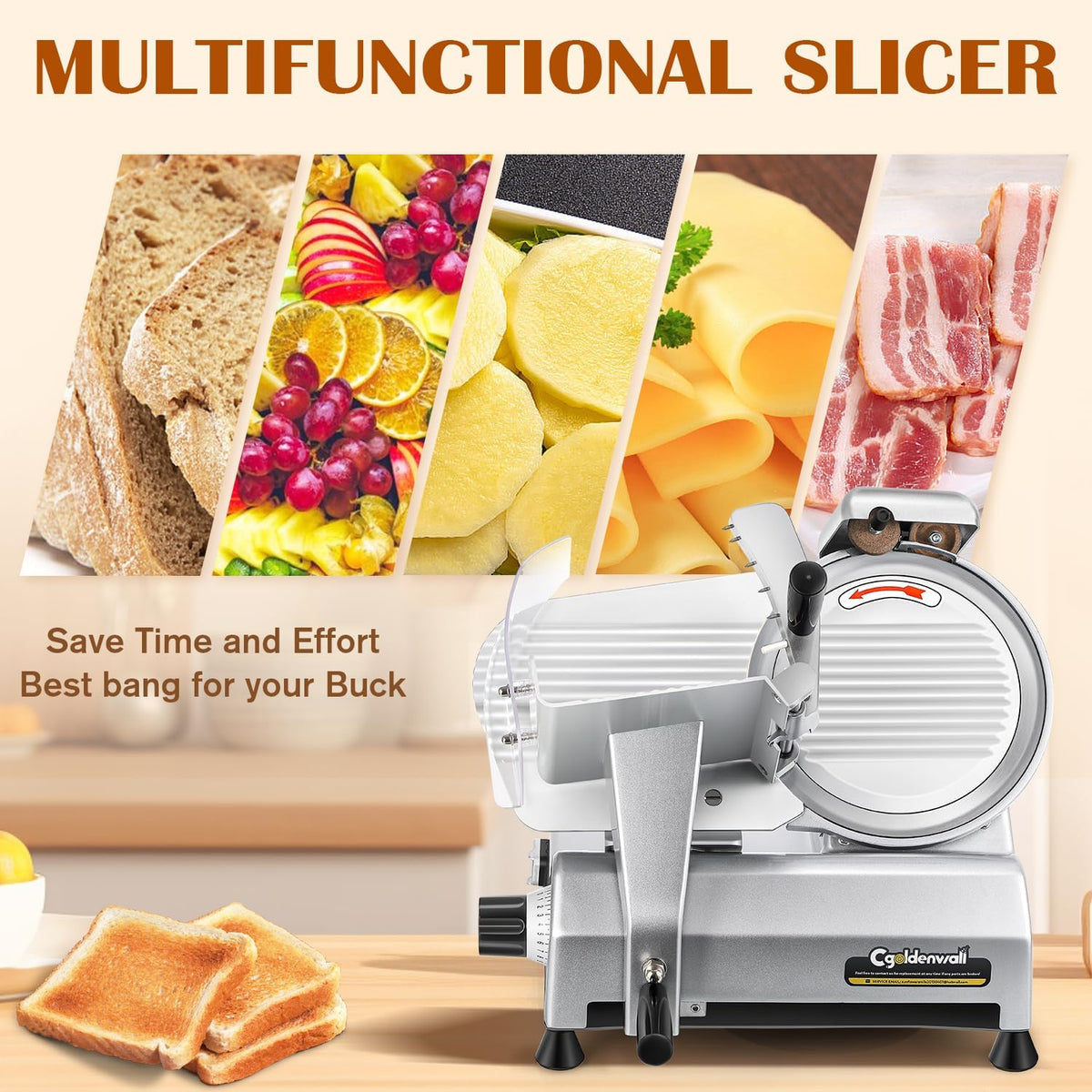 Meat Slicer Machine, 10" 240W Electric Deli Meat Cheese Food Slicer, 0-1/2" Adjustable Thickness Semi-Auto Frozen Meat Slicer for Home & Commercial, Copper Motor Low Noise Durable