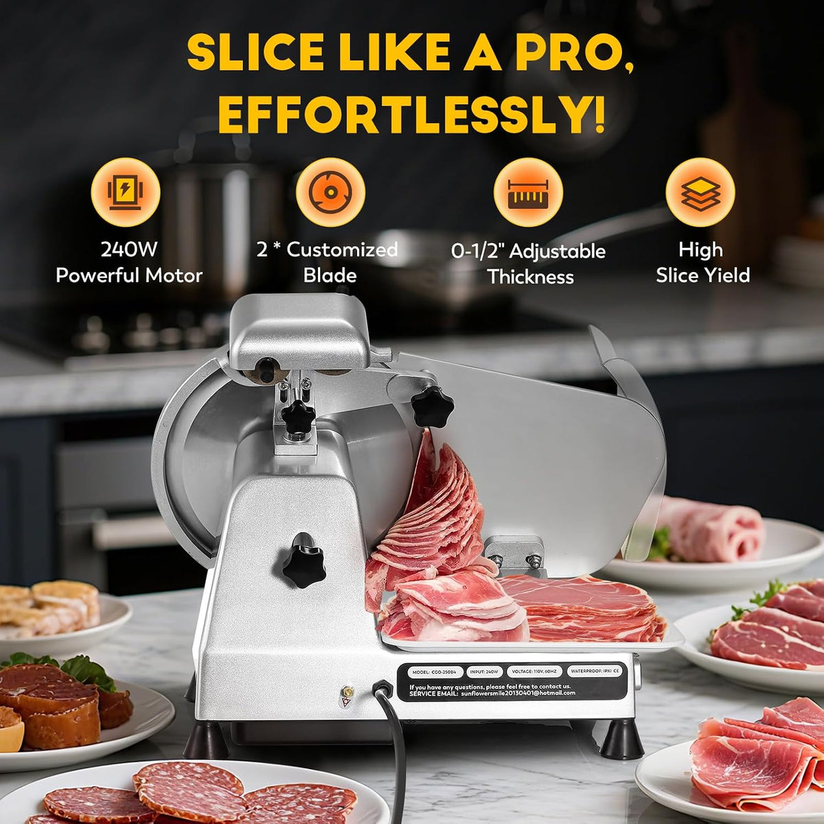 Meat Slicer Machine, 10" 240W Electric Deli Meat Cheese Food Slicer, 0-1/2" Adjustable Thickness Semi-Auto Frozen Meat Slicer for Home & Commercial, Copper Motor Low Noise Durable