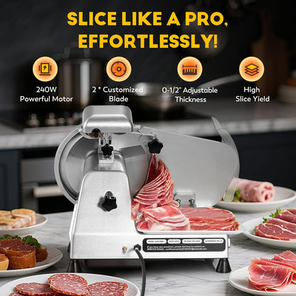 Meat Slicer Machine, 10" 240W Electric Deli Meat Cheese Food Slicer, 0-1/2" Adjustable Thickness Semi-Auto Frozen Meat Slicer for Home & Commercial, Copper Motor Low Noise Durable