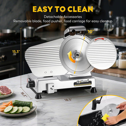Meat Slicer Machine, 10" 240W Electric Deli Meat Cheese Food Slicer, 0-1/2" Adjustable Thickness Semi-Auto Frozen Meat Slicer for Home & Commercial, Copper Motor Low Noise Durable