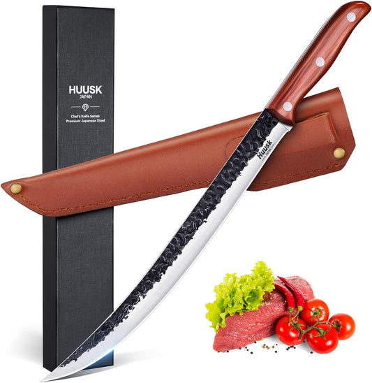 Huusk Carving Knife 11.5" - Japan Hand Forged Breaking Knives with Sheath | High Carbon Steel, Ergonomic Rosewood Grip, Curved Blade, for Brisket Slicing, Gift for Dad