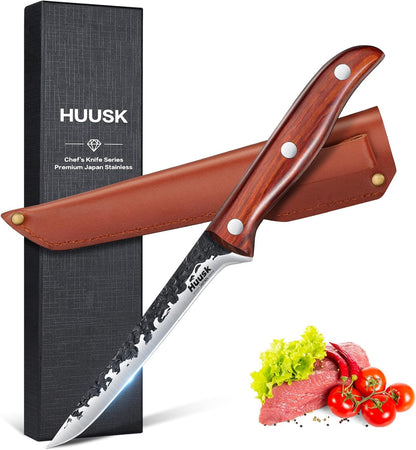 Huusk Carving Knife 11.5" - Japan Hand Forged Breaking Knives with Sheath | High Carbon Steel, Ergonomic Rosewood Grip, Curved Blade, for Brisket Slicing, Gift for Dad