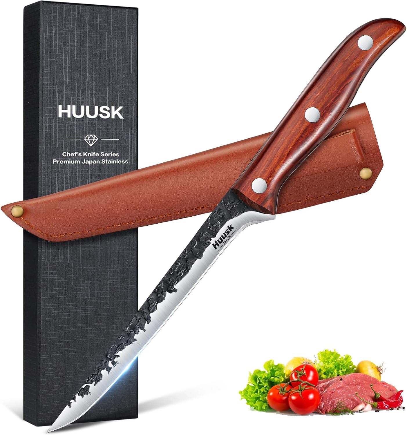 Huusk Carving Knife 11.5" - Japan Hand Forged Breaking Knives with Sheath | High Carbon Steel, Ergonomic Rosewood Grip, Curved Blade, for Brisket Slicing, Gift for Dad