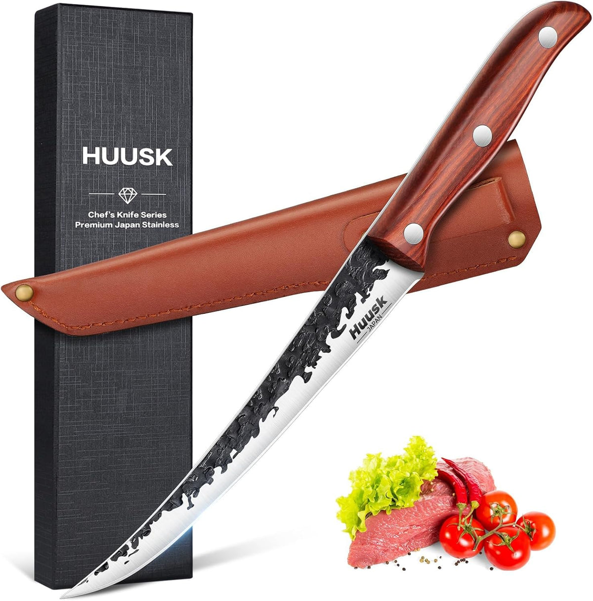 Huusk Carving Knife 11.5" - Japan Hand Forged Breaking Knives with Sheath | High Carbon Steel, Ergonomic Rosewood Grip, Curved Blade, for Brisket Slicing, Gift for Dad