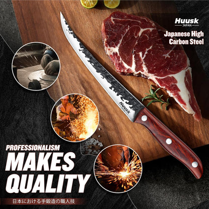 Huusk Carving Knife 11.5" - Japan Hand Forged Breaking Knives with Sheath | High Carbon Steel, Ergonomic Rosewood Grip, Curved Blade, for Brisket Slicing, Gift for Dad
