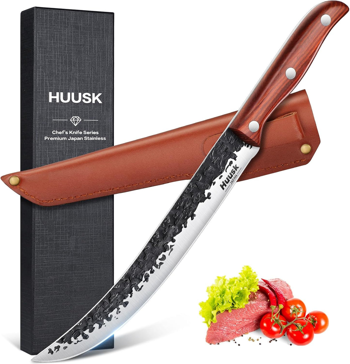 Huusk Carving Knife 11.5" - Japan Hand Forged Breaking Knives with Sheath | High Carbon Steel, Ergonomic Rosewood Grip, Curved Blade, for Brisket Slicing, Gift for Dad