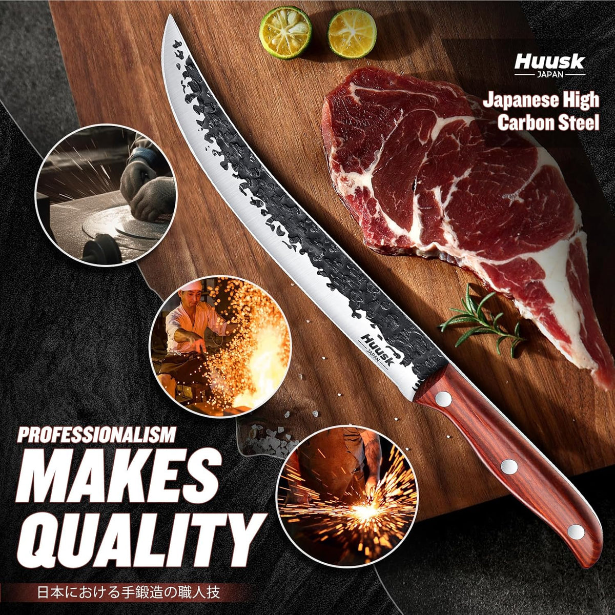 Huusk Carving Knife 11.5" - Japan Hand Forged Breaking Knives with Sheath | High Carbon Steel, Ergonomic Rosewood Grip, Curved Blade, for Brisket Slicing, Gift for Dad